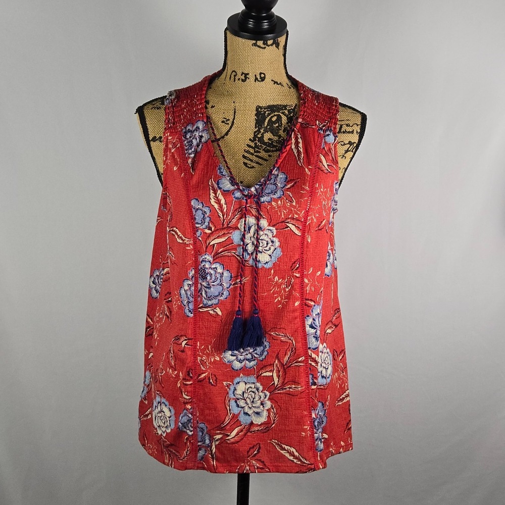 Knox Rose Womens Floral Sleeveless Tassel Blouse Medium Red Boho Cottagecore M